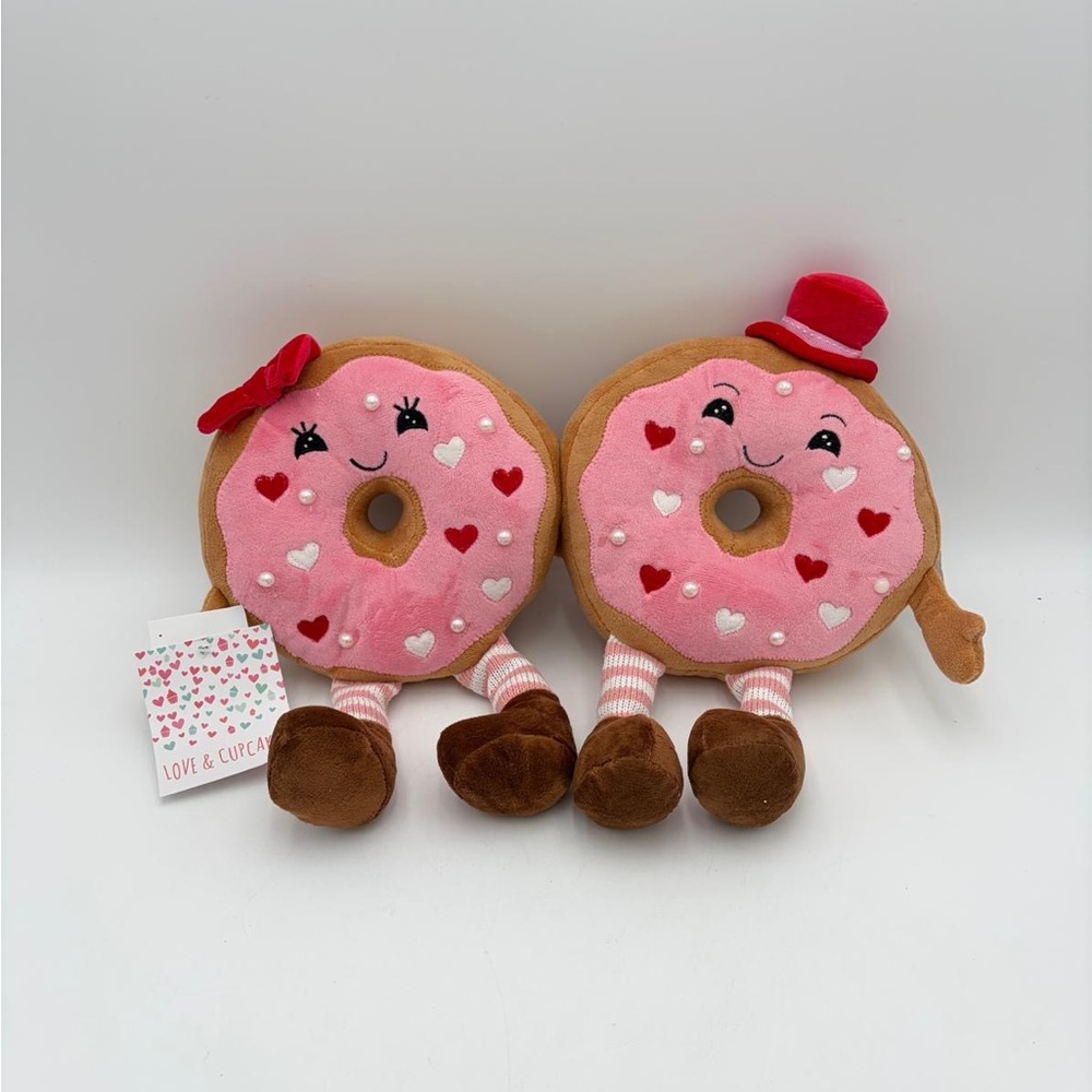Love and Cupcakes Adorable Pink Donut Couple Weighted Plush Valentines Decor